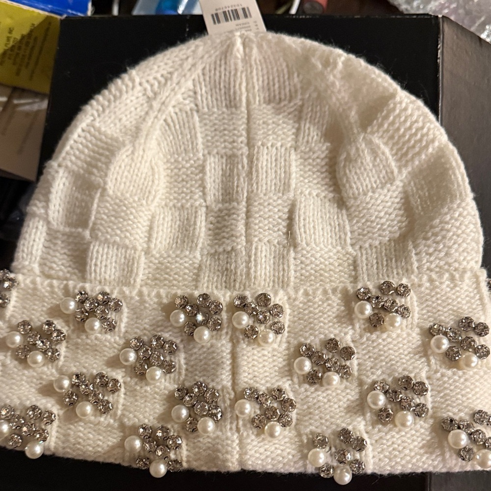 Anthropologie White Knit Hat with Pearl and Silver Embellishments
